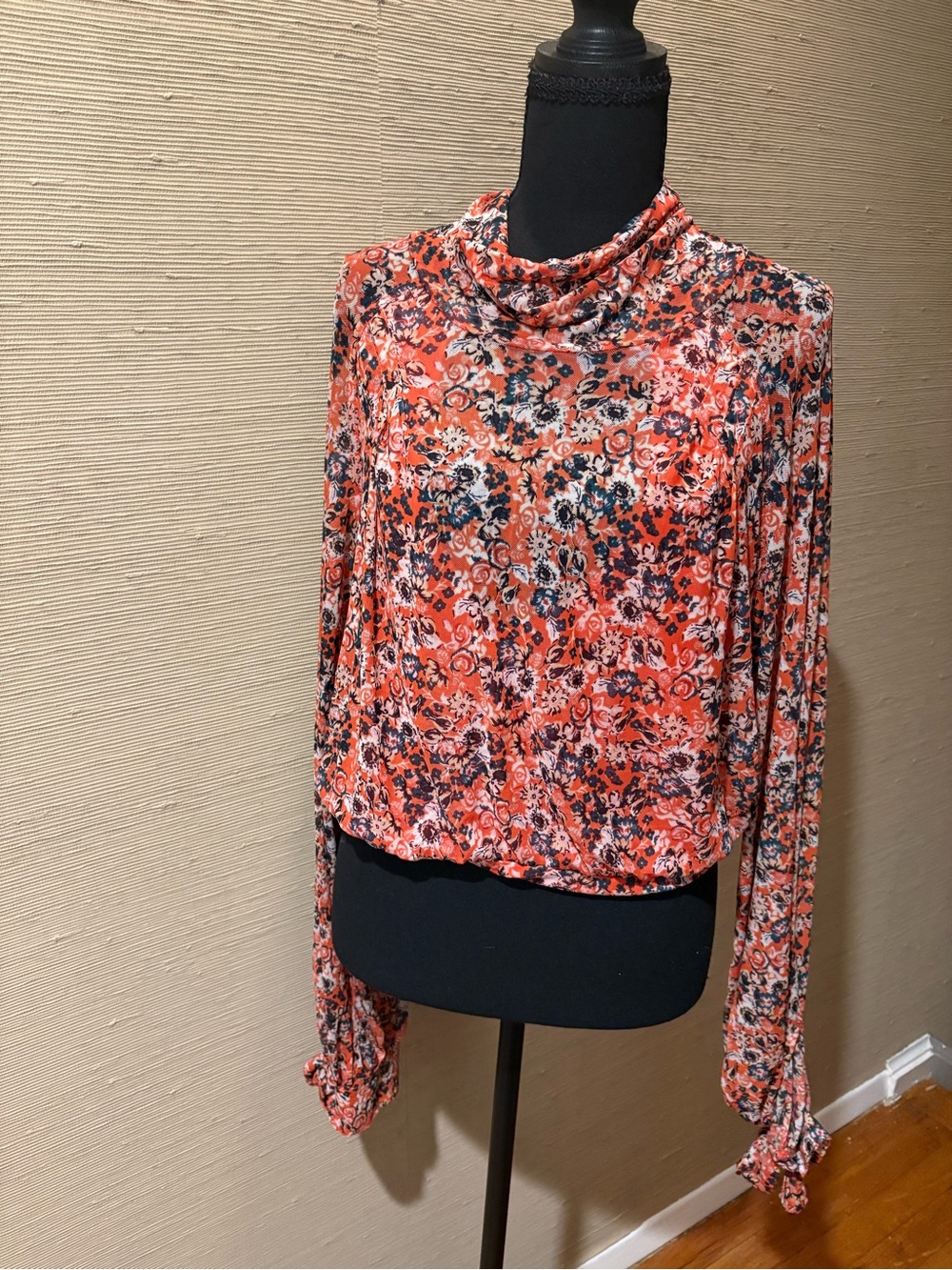 Free People Coral Floral Cowl-Neck Long Sleeve Top